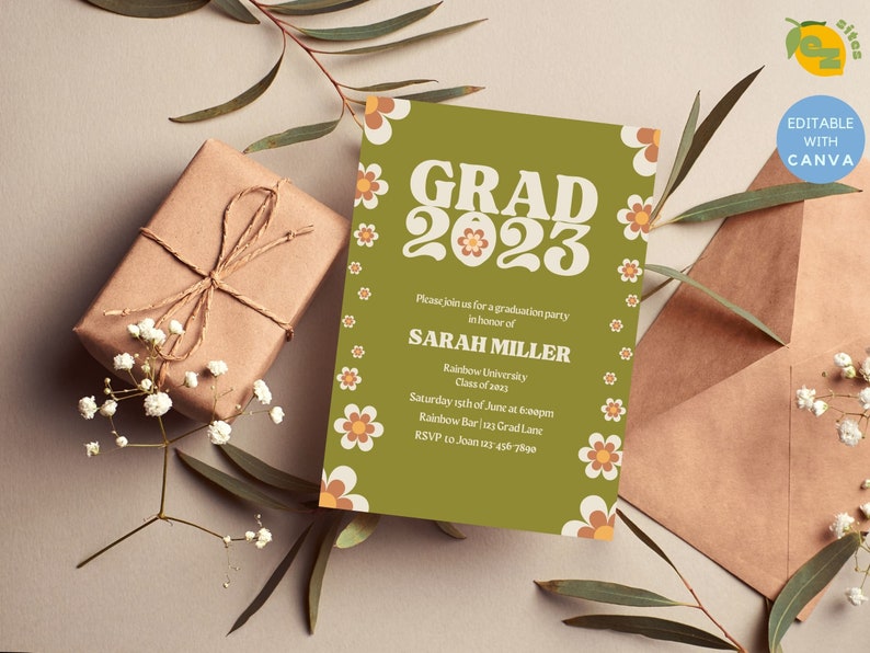 May include: A green and white graduation party invitation with a retro font that says "GRAD 2023". The invitation is decorated with orange and white flowers. The text reads "Please join us for a graduation party in honor of Sarah Miller, Rainbow University, Class of 2023, Saturday 19th of June at 6:00pm, Rainbow Bar, 123 Grad Lane, RSVP to Joan 456-7890."