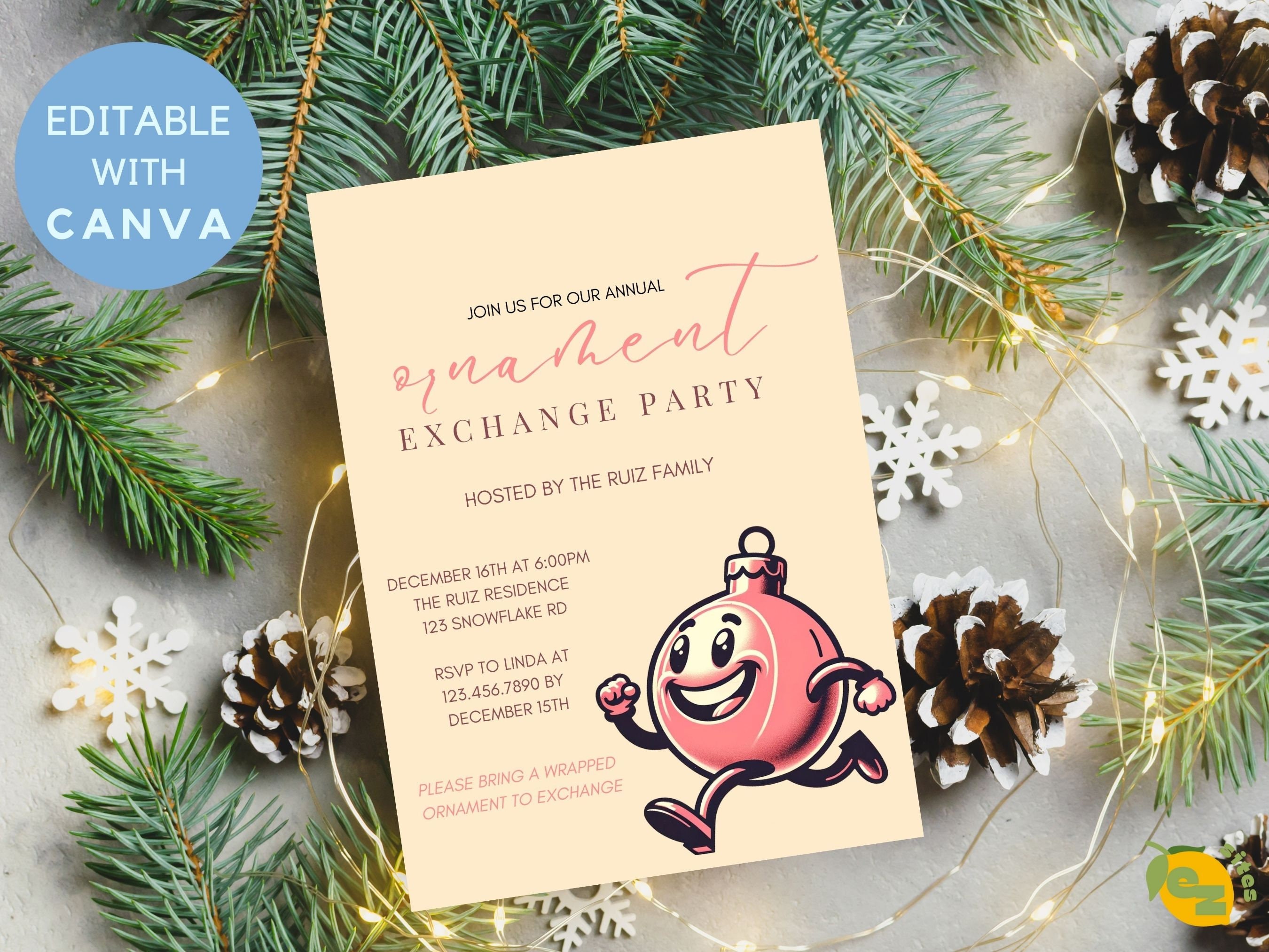 Retro Ornament Christmas Party Invitation | Editable Holiday Ornament Exchange Invitation Template | Ornament Christmas Canva Template