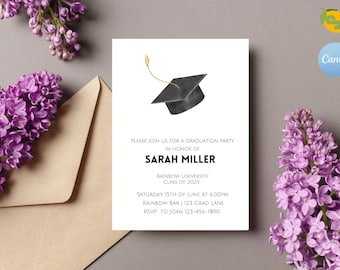 Plantilla minimalista de invitación para fiesta de graduación: Diseño editable en Canva (descarga digital)