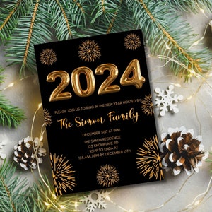 Editable New Year&#39;s Eve Invitation Template | Black and Gold NYE Invite | Editable with Canva Invite and Evite Template