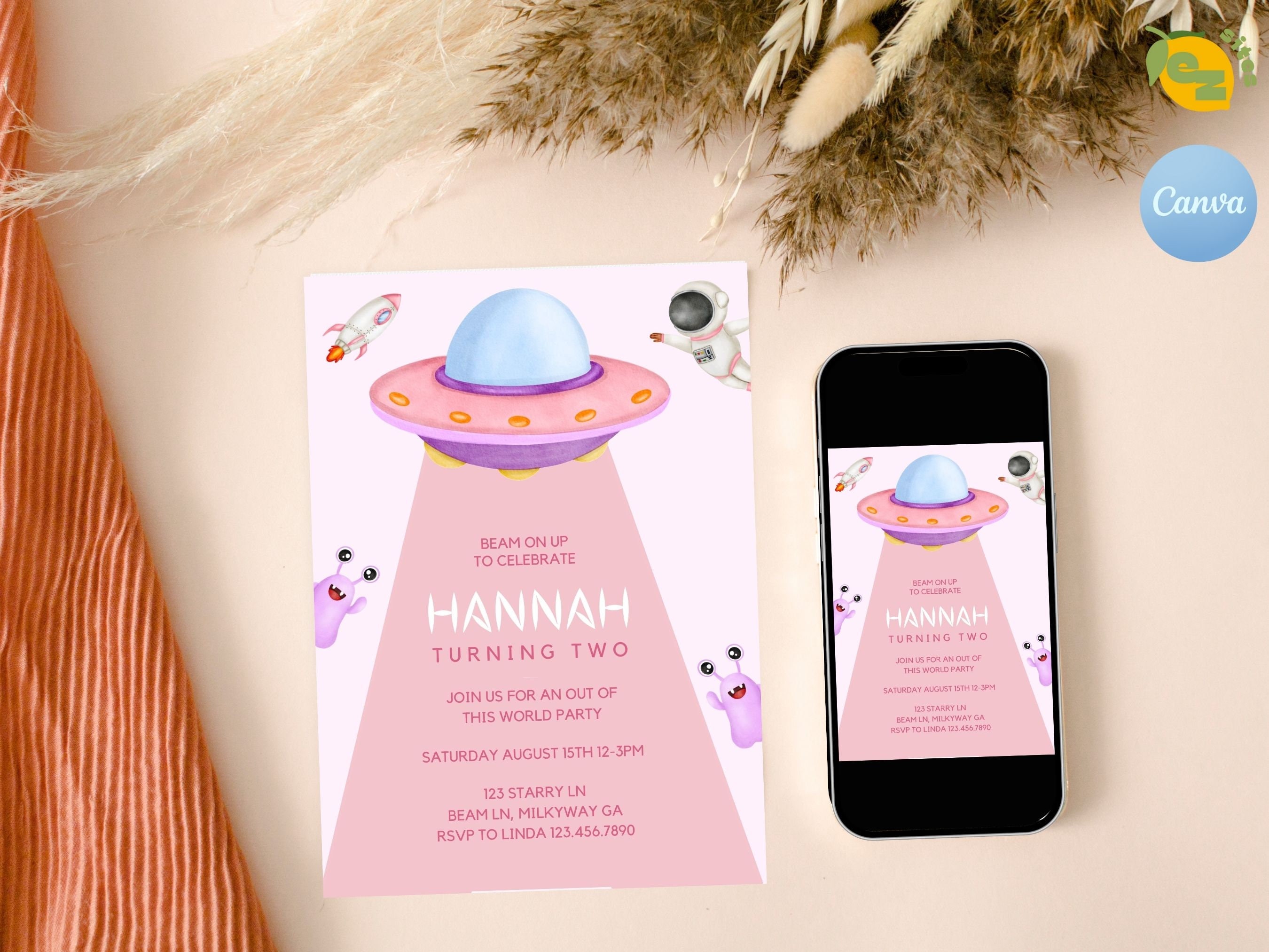 Editable Alien Birthday Invitation UFO Pink Birthday Party - Etsy