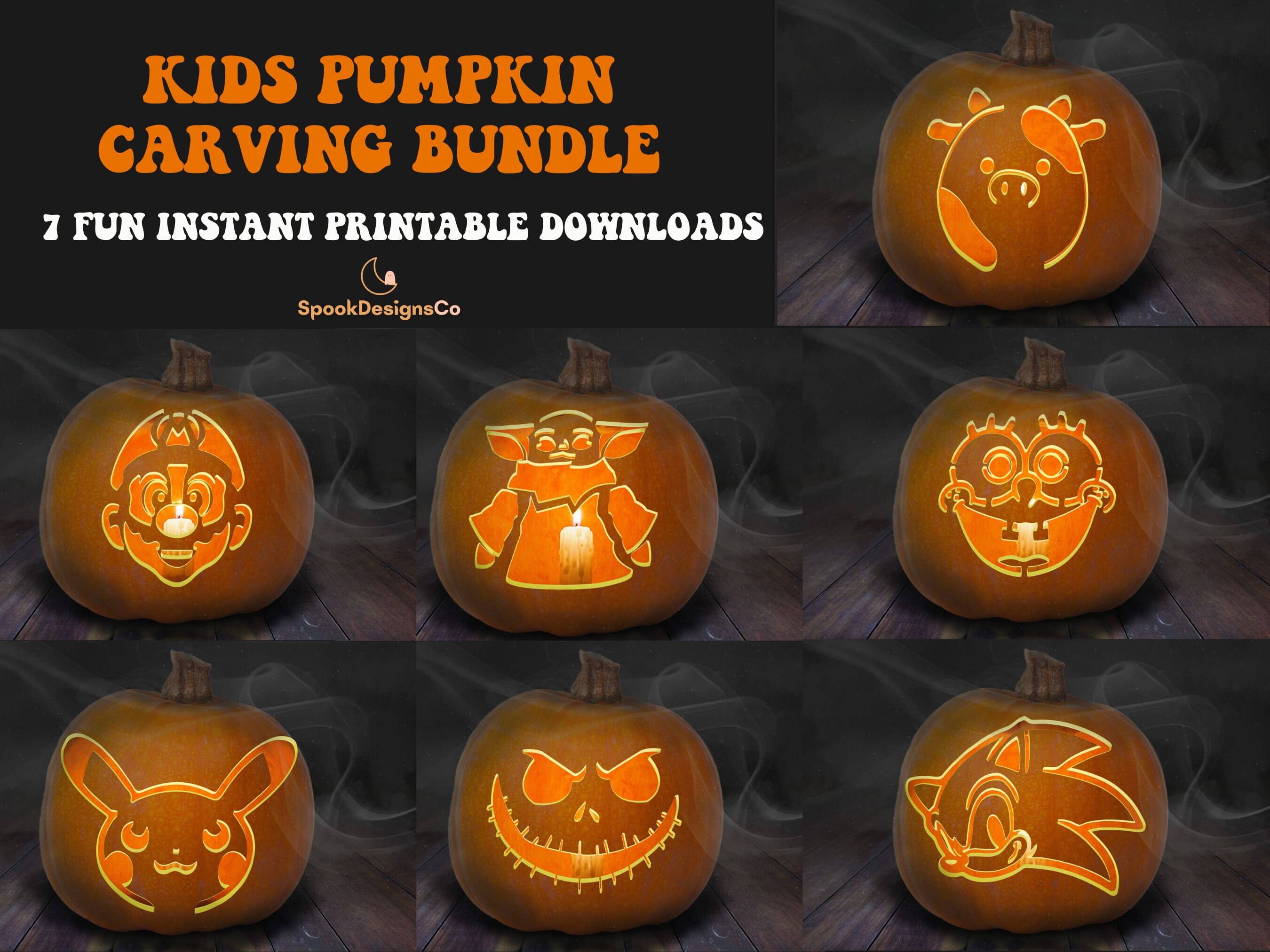 7 Printable Kids Jack-o-lantern Pumpkin Carving Stencil - Etsy