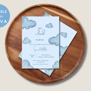 Watercolor Oh Baby Cloud Nine Baby Shower Invite | Editable Baby Shower Invitation Template | Blue Baby Shower Invite
