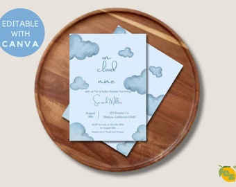 Convite para chá de bebê em aquarela com nuvem: modelo editável (arquivo digital)