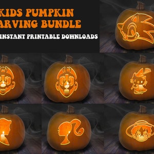 7 Printable Kids Jack-O-Lantern Pumpkin Carving Stencil Patterns | Halloween Party Bundle