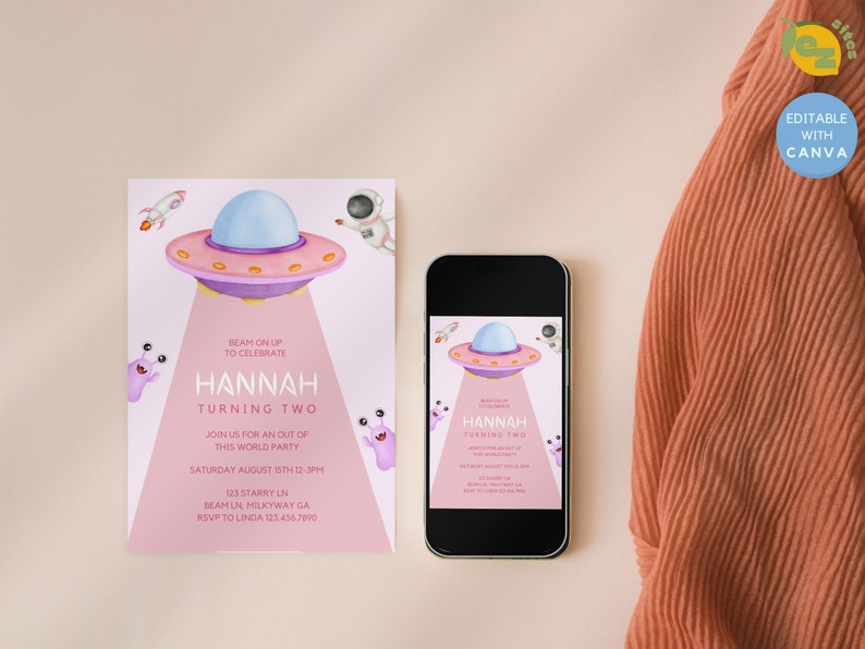 Editable Alien Birthday Invitation | UFO Pink Birthday Party Invite ...