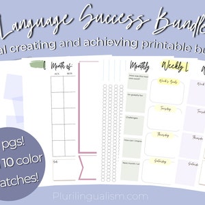 May include: A printable bundle of language learning goal setting worksheets. The bundle includes a monthly goal tracker, weekly goal trackers, and a page for setting specific, measurable, achievable, relevant, and time-bound goals. The worksheets are in a light blue, pink, and green color scheme.