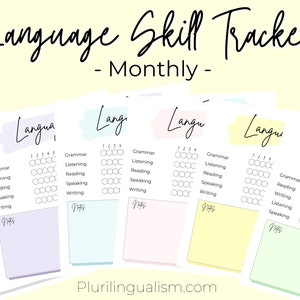 May include: A printable language skill tracker with a monthly calendar. The tracker includes sections for grammar, listening, reading, speaking, and writing. The tracker is designed to help you track your progress in learning a new language.