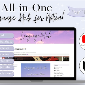 All-in-One Language Hub! Giant Notion Template for Language Learners & Polyglots | Multilingual Planner, Habit Tracker -- 'Air' Theme