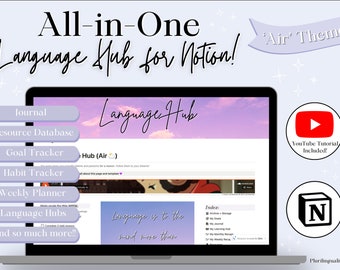 All-in-One Language Hub! Giant Notion Template for Language Learners & Polyglots | Multilingual Planner, Habit Tracker -- 'Air' Theme