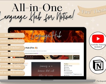 All-in-One Language Hub! Giant Notion Template for Language Learners & Polyglots | Multilingual Planner, Habit Tracker -- 'Fire' Theme