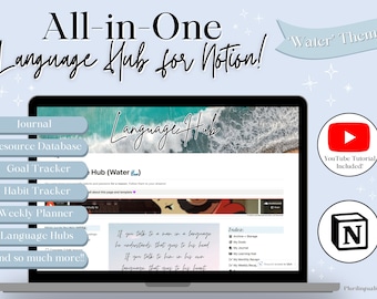All-in-One Language Hub! Giant Notion Template for Language Learners & Polyglots | Multilingual Planner, Habit Tracker -- 'Water' Theme