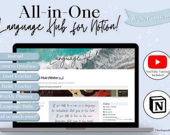 All-in-One Language Hub! Giant Notion Template for Language Learners & Polyglots | Multilingual Planner, Habit Tracker -- 'Water' Theme