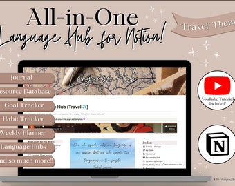 All-in-One Language Hub! Giant Notion Template for Language Learners & Polyglots | Multilingual Planner, Habit Tracker -- 'Travel' Theme