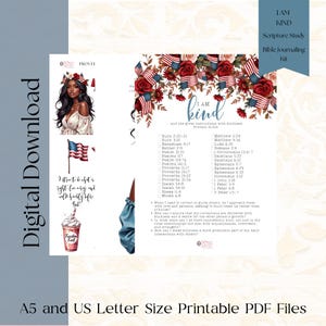 May include: Digital download Bible journaling kit featuring the text "I AM KIND" and scripture references. Includes illustrations of a woman, an American flag, and a coffee drink. Available in A5 and US Letter sizes.