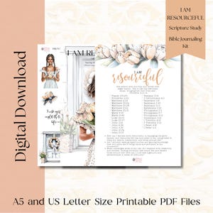 Può includere: Un kit di journaling biblico stampabile con un design floreale e il testo "Sono resourcefull". Il kit include versetti biblici e spunti per la riflessione.