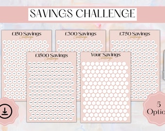 May include: Five printable savings challenge trackers with pink backgrounds and white circles. The trackers are for saving £150, £300, £750, £1500, and a customizable amount.