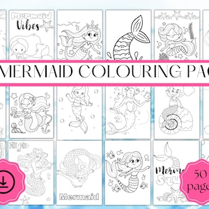 50 Printable Mermaid Colouring Pages -  Digital PDF Download - Mermaid Games,  Mermaid Activities,  Mermaid Printable Colouring