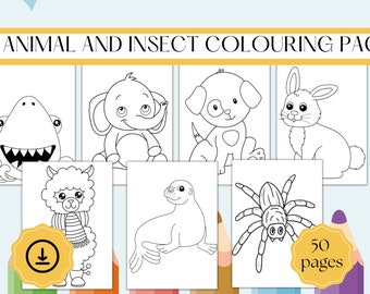 50 Printable Animal and Insect Colouring Pages -  Digital PDF Download - Animal Colouring Book, Activity Sheets, Colouring Party, Party Game