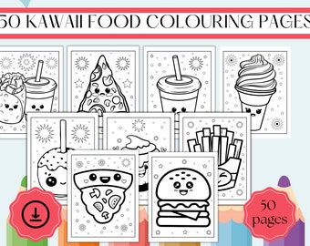 50 afdrukbare kawaii-voedselkleurplaten - digitale pdf-download - kawaii-kleurplaten, voedselkleurplaten, kleurboek, kawaii-voedsel