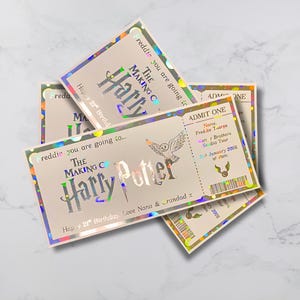 May include: A stack of Harry Potter-themed tickets with a holographic finish. The tickets feature the text "Freddie, you are going to... The Making of Harry Potter" and "Happy 21st Birthday". One ticket reads "Admit One".