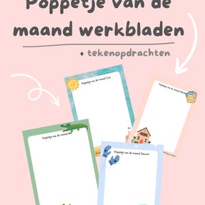 Op de afbeelding: Een verzameling kleurrijke Nederlandse werkbladen met illustraties en tekst. De werkbladen zijn voor verschillende maanden, met afbeeldingen van een zon, krokodil, tijger, wanten, laarzen en een huis. De titel luidt "Poppetje van de maand werkbladen + tekenopdrachten."