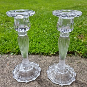 Large Vintage Pair Art Deco Clear Glass Crystal Candlestick Holders