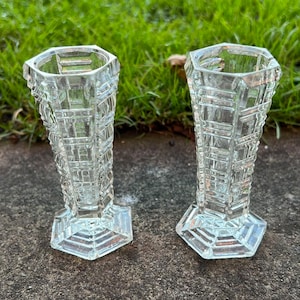 Vintage Pair Art Deco Clear Glass Crystal Candlestick Holders