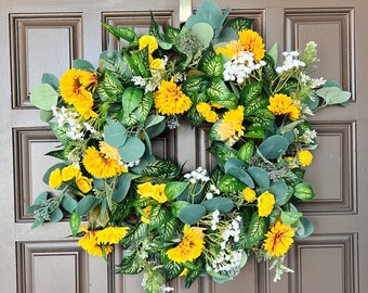 Yellow and White Spring Wreath for Front Door, Marigold and Rose Wreath, Spring Entryway decor, Housewarming gift
