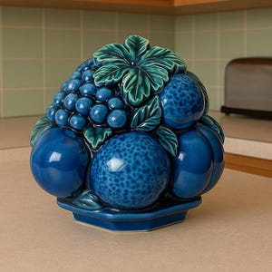 May include: A ceramic fruit basket in shades of blue. The basket features a cluster of grapes, plums, and other fruits, with green leaves. The base is a geometric shape. The basket is a decorative kitchen item.