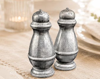 Vintage Heavy Pewter Salt and Pepper Shakers, Primitive Rustic Silver Tone Table Set, Worn Patina Farmhouse Kitchen Decor