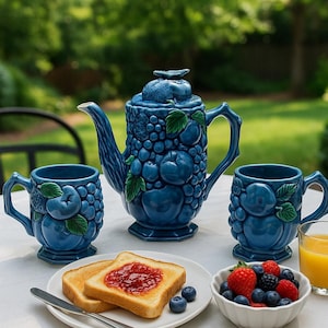 Vintage Mood Indigo Coffee Pot Set – Blue Ceramic Teapot with 2 Mugs, Mid Century Inarco  Japan #2430 #2431