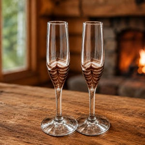 May include: Two clear champagne flutes with a brown, web-like design near the base. The glasses sit on a wooden surface, with a fireplace and window in the background. The flutes have a classic, elegant shape.