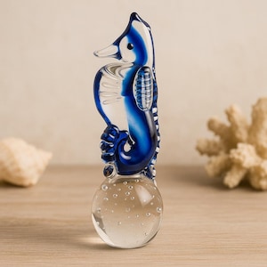 Vintage Art Glass Seahorse Paperweight | Cobalt Blue Blown Glass Sculpture | 6.5&quot; Coastal Ocean Decor | Nautical Beach House Accent Gift