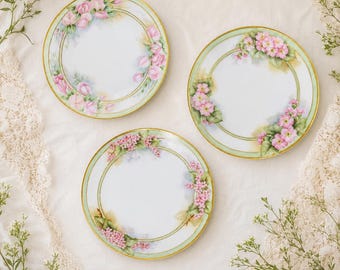 Antique Thomas Bavaria Hand Painted Floral Plates Set of 3, Pink Roses Primroses Lilacs, Artist Signed Porcelain, Gold Trim
