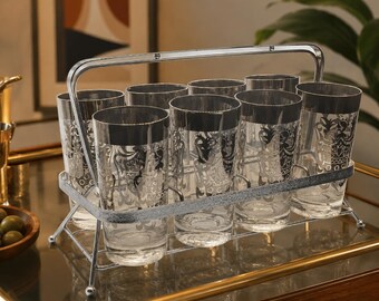 Vintage Kimiko Highball Glass Set with Chrome Caddy – Mid Century Silver Crest Design, Set of 8 Barware Cocktail Set