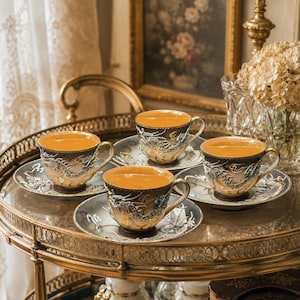 May include: A set of three tea cups and matching saucers featuring a dark grey and gold finish with embossed dragon motifs. Each cup has a gold-toned interior and a handle, resting on a circular saucer decorated with matching dragon patterns.