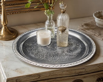 Vintage English Silver Mfg Accent Tray - 12 Inch Silverplate Vanity Tray, Etched Floral Scroll Decor, Made in USA