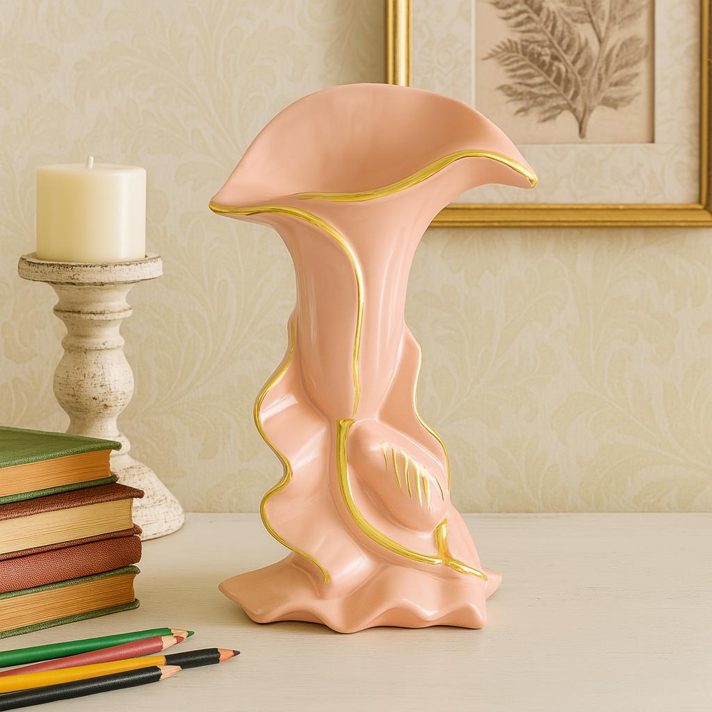 Vintage Pink Calla Lily Ceramic Vase – 1940s Mid-Century Floral Sculpture with Gold Trim | Elegant Vanity or Buffet Decor