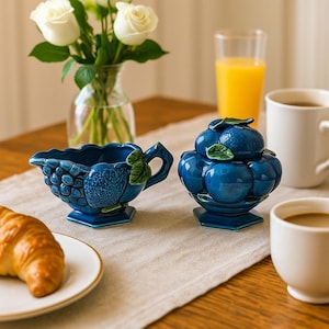 Vintage Inarco Japan Mood Indigo Sugar & Creamer Set #2373 | Mid-Century Fruit Ceramic | Blue Glaze Tableware | Farmhouse or Retro Decor