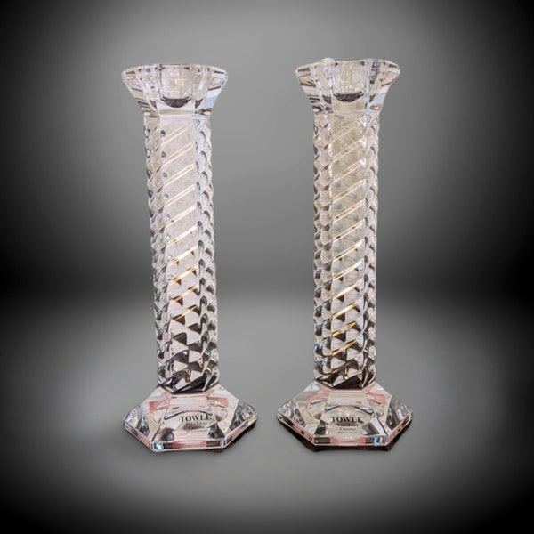 Vintage Towle Full Lead Crystal "Rubin" Candlestick Holders - Made in Austria, 7.5 Inches Tall, Hexagonal Base, Spiral Design, Set of 2