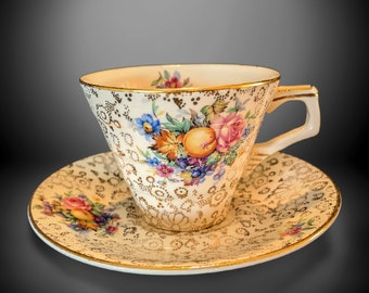 Vintage Chintz Tea Cup H & K Tunstall Gold Chintz Pattern with Floral Motif Fruit Motif  Gift for Mom Fancy Tea Cup Mother's Day Gift