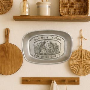 Vintage Kitchen Bread Plate Wilton Armetale Metal Serveware Bread Tray Give Us This Day Our Daily Bread Wheat and Gatherer Housewarming Gift