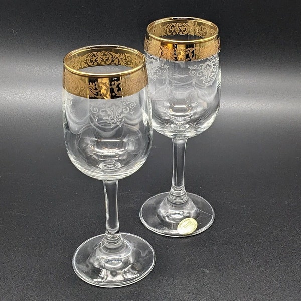 Vintage Cellini 24KT Gold Trimmed Crystal Wine Glasses | Set of 2 - Italian Mid-Century Glassware | Perfect for Your Wedding Toast!