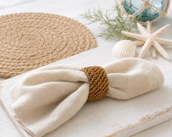 Vintage Rattan Napkin Rings Set of 4, Woven Cane Napkin Holders, Boho Coastal Farmhouse Table Decor