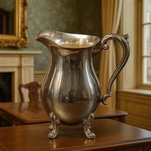 Vintage Silver Plate Water Pitcher – 1883 Rogers Ornate 10.5” Footed Server with Ice Guard, Elegant Entertaining Piece