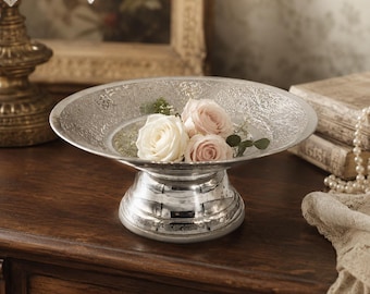 Vintage ZY India Pedestal Accent Plate - Silver Plated Brass Floral Compote, 8 Inch Footed Centerpiece Dish