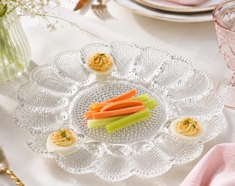 Vintage Indiana Glass Hobnail Deviled Egg Plate - Clear 15 Egg Relish Tray, 11 Inch Pressed Glass Serving Platter