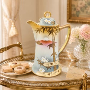 May include: A porcelain coffee pot featuring a hand-painted scene of a mountain with a red peak, bamboo stalks, and white flowers. The pot has a gold-trimmed handle, spout, and lid, with a soft blue and cream gradient background finish.