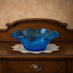 Vintage Blue Crackle Glass Ruffled Bowl – 9&quot; Hand Blown Art Glass Centerpiece – Midcentury Turquoise Dish, Coastal or Boho Decor Gift